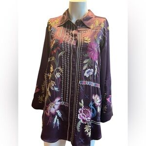 Johnny Was Workshop Kimono Sleeve Embroidered Shirt Boho Chic size S
